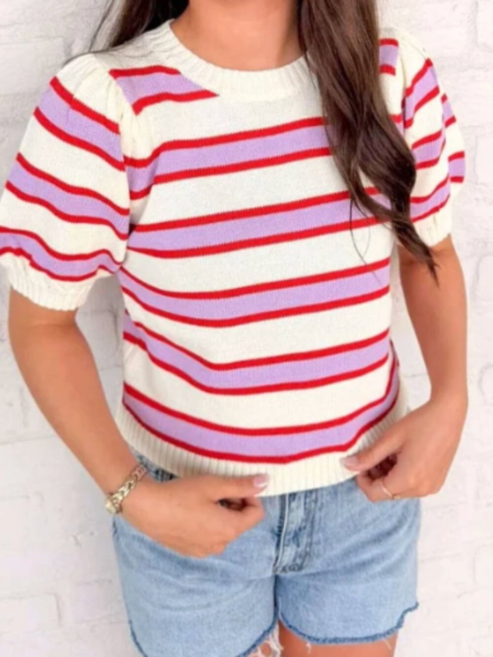 NWT Entro Cream Pink Striped Top Sz L